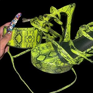 Neon snakeskin print wrap up heels